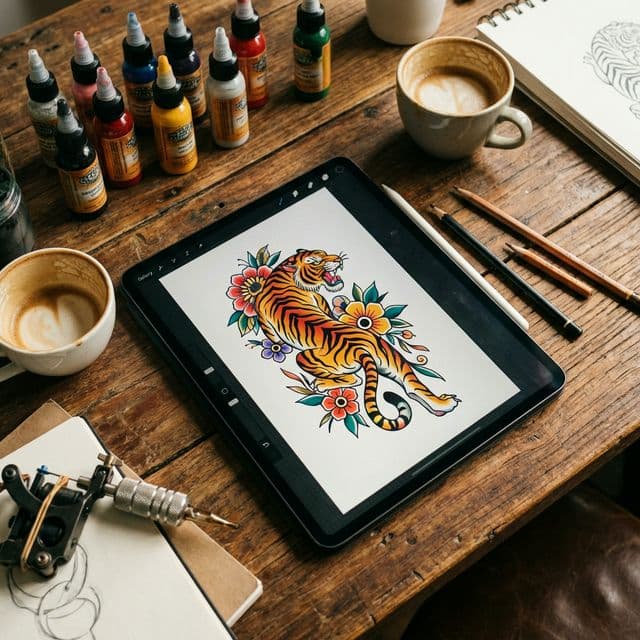 Digital tattoo design on iPad with ink bottles and coffee